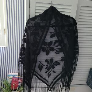 Chic Black Floral Shawl/Scarf/Mantilla with Fringe 74" X50"